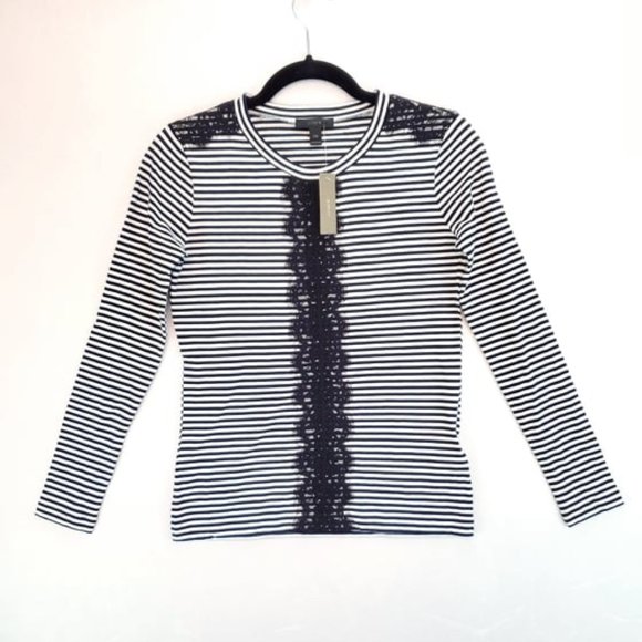 J. Crew Tops - J. Crew Long Sleeve Striped Tee W/ Lace Navy Blue XXS  NWT